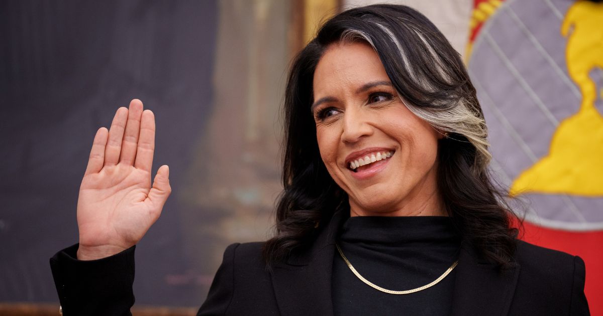 Tulsi Gabbard is sworn in as Director of National Intelligence in the Oval Office at the White House on February 12, 2025 in Washington, DC.