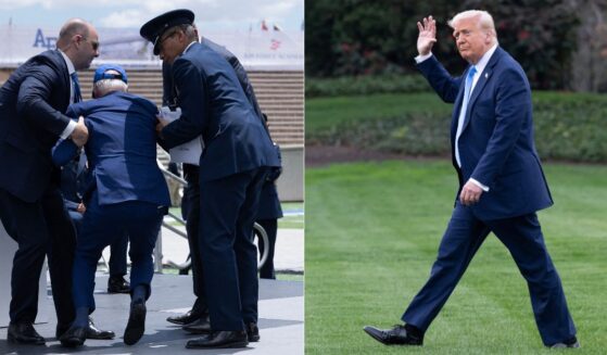 Then-President Joe Biden, left, falls and is helped up during a graduation ceremony at the U.S. Air Force Academy while President Donald Trump, right, waves while walking to board Marine One as he departs the White House in Washington, D.C.