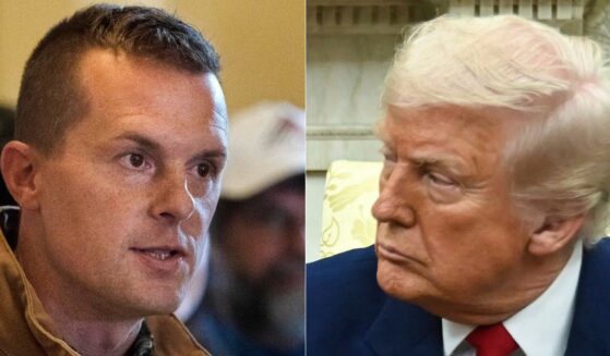 Rep. Jared Golden, left, has come out in support of President Donald Trump’s, right, tariffs, saying his only fear is that Trump will back down.