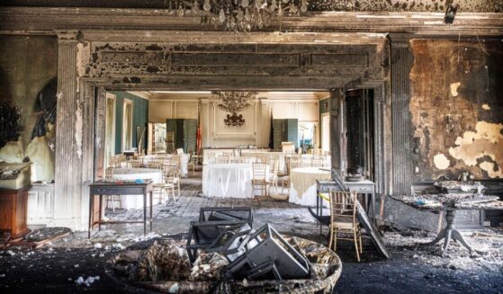 This image - provided by Commonwealth Media Services - shows damage after a fire at the Pennsylvania governor’s mansion in Harrisburg, Pennsylvania, on Sunday.