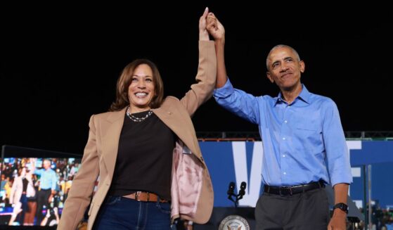 Now-former Vice President Kamala Harris campaigns with former President Barack Obama at the James R. Hallford Stadium on Oct. 24, 2024, in Clarkston, Georgia.