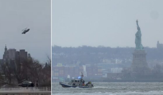 Witnesses said A helicopter lost its rotor, left, before plunging into New York City's Hudson River Thursday. A New York Police Department rescue boat is seen at right, near the Statue of Liberty in New York after the crash.
