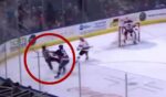 Bridgeport Islanders forward Adam Beckman, circled right, has been suspended for 10 games after shoving a referee, circled left, into the wall during a game on Saturday.