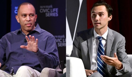 House Minority Leader Hakeem Jeffries, left, pushed back against Democratic National Committee Vice Chair David Hogg's, right, controversial plan to commit $20 million dollars to funding primary challengers in safe Democratic districts ahead of the 2026 midterm elections.
