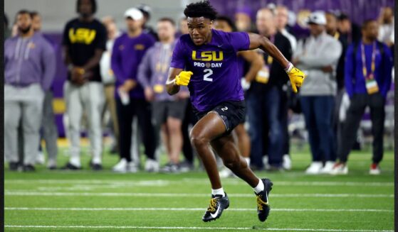 Kyren Lacy of the LSU Tigers is seen participating in drills during LSU Pro Day March 26 in Baton Rouge, Louisiana.
