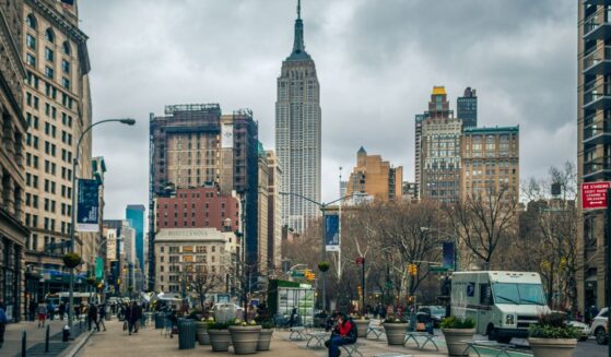 The Empire State building is pictured from Manhattan streets in New York City.