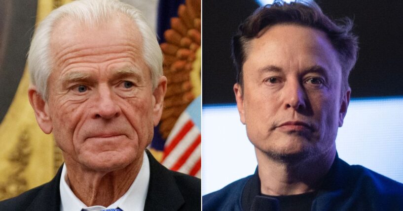 The media had questions Tuesday for the White House about a feud going on between senior trade adviser Peter Navarro, left, and billionaire Elon Musk, head of President Donald Trump's Department of Government Efficiency.