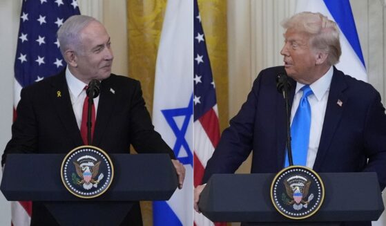 President Donald Trump, right, and Israeli Prime Minister Benjamin Netanyahu, left, speak during a news conference in the East Room of the White House in Washington, D.C., on Feb. 4.