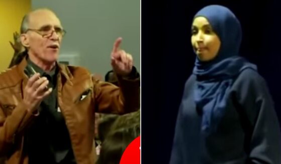 The man, left, who identified himself only as "a minister," boldly confronted Minnesota Rep. Ilhan Omar, right, at a Minneapolis town hall.