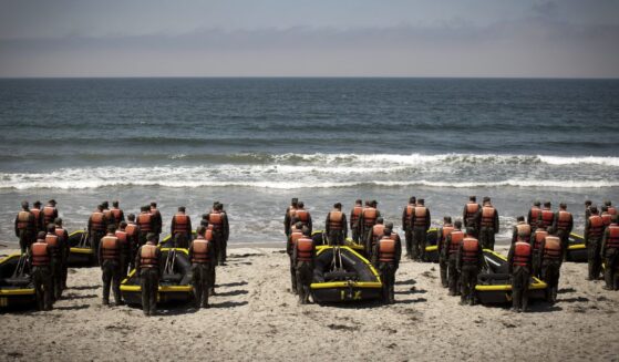A group of Navy SEAL trainees in August 2010 during Hell Week at a beach in Coronado, California.