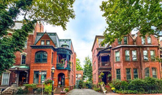 Red brick rowhouses on tree-lined Mattoon Street in Springfield, Hampden County, Massachusetts, on Sept. 18, 2024.
