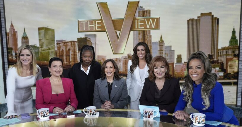 Then-Democratic presidential nominee Vice President Kamala Harris is seen with the hosts of 