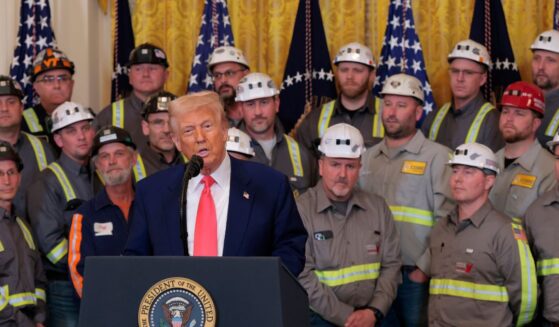 President Donald Trump speaks alongside coal and energy workers during an executive order signing ceremony in the East Room of the White House on April 8, 2025, in Washington, D.C.