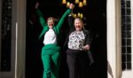 Susan Smith, left, and Marion Calder, right, directors of "For Women Scotland" cheer as they leave the Supreme Court in London, England, on Wednesday.