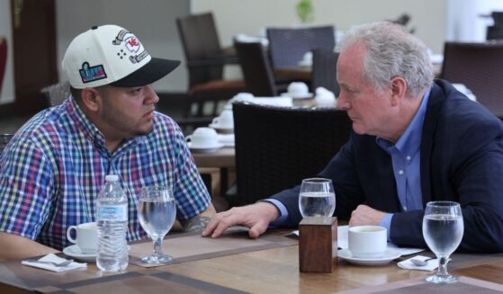 Maryland Democratic Sen.Chris Van Hollen meets with Kilmar Armando Abrego Garcia, left, April 17 in San Salvador, El Salvador.